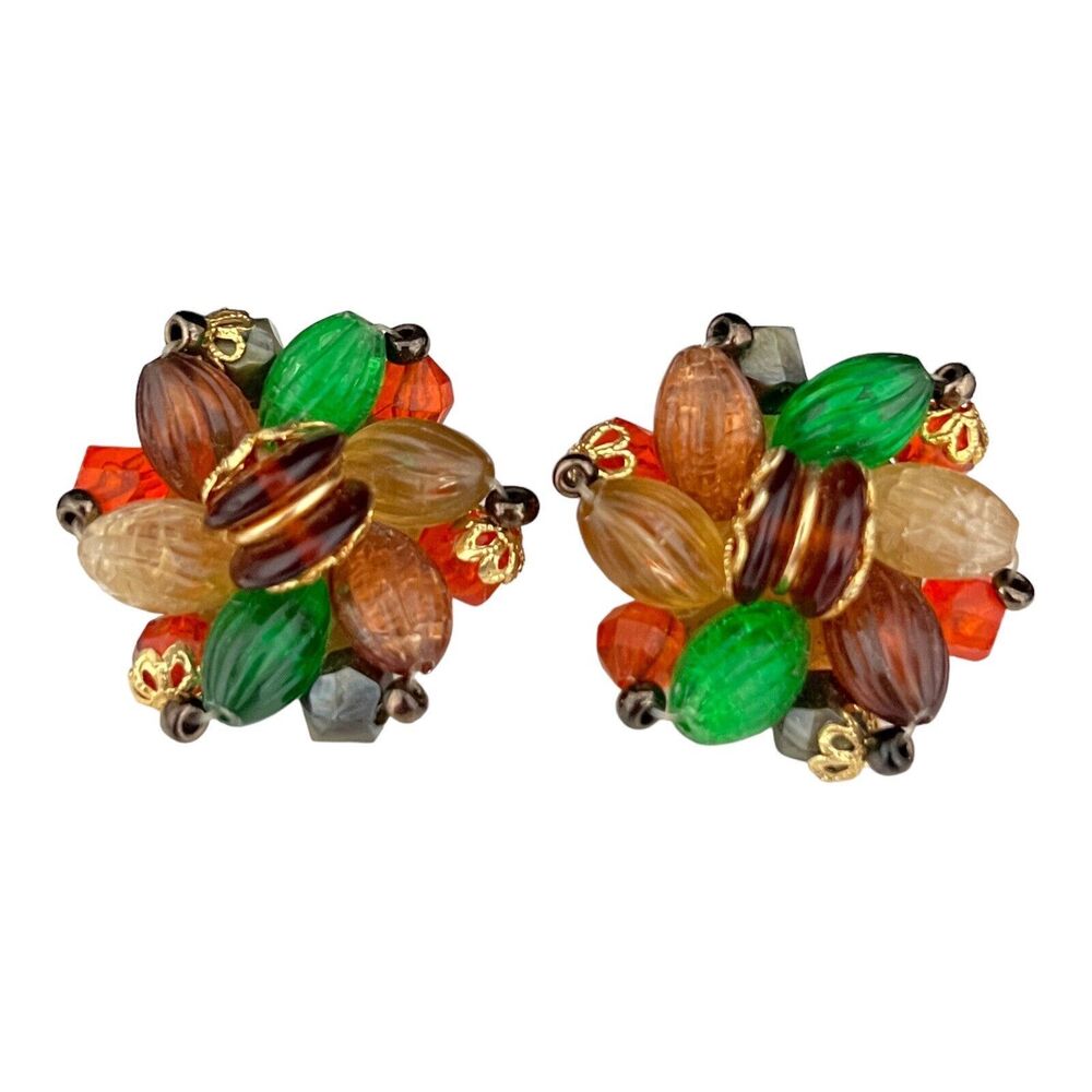 Vintage 1950s Earrings West Germany Beaded Clip Gold Tone - 4M
